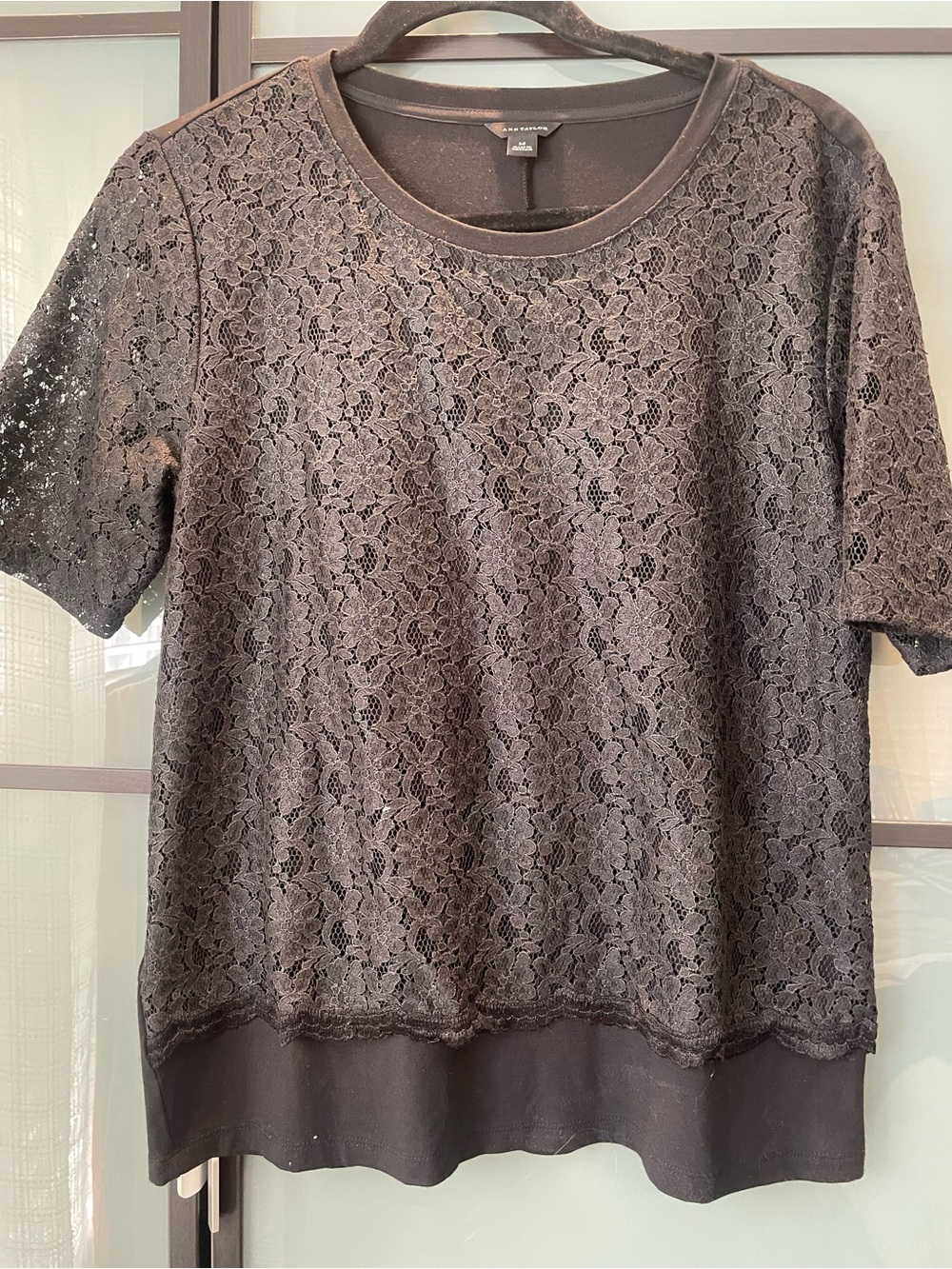 Ann Taylor Black Lace Overlay Short Sleeve Top